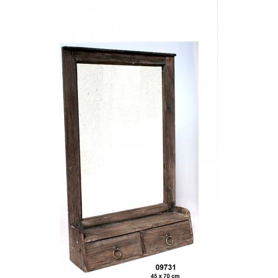 Zrcadlo ve dřevě se zásuvkami, šedo-hnědá patina, rozměr 70x45 cm - IntArt