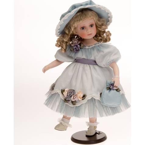 Porcelánová panenka s loknama v modrých šatech 47cm - IntArt