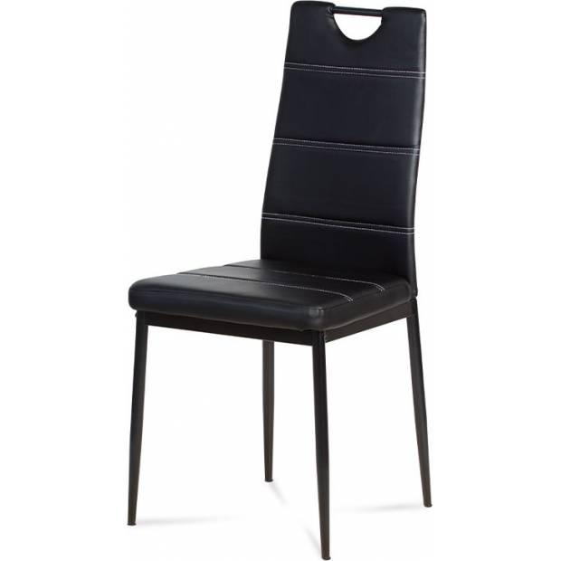 Jídelní židle - černá ekokůže s bílým prošitím, kovová podnož, černý matný lak AC-1220 BK Art