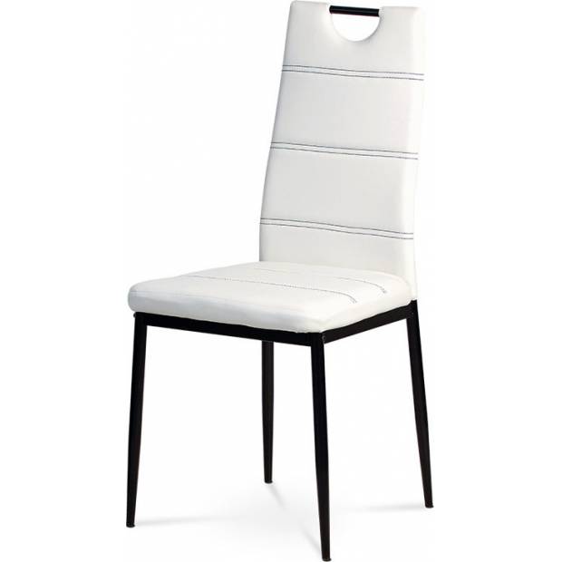 Jídelní židle - bílá ekokůže s černým prošitím, kovová podnož, černý matný lak AC-1220 WT Art