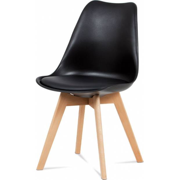 Jídelní židle, černá plastová skořepina, sedák černá ekokůže, čtyřnohá dřevěná podnož, masiv buk, přírodní odstín CT-752 BK Art