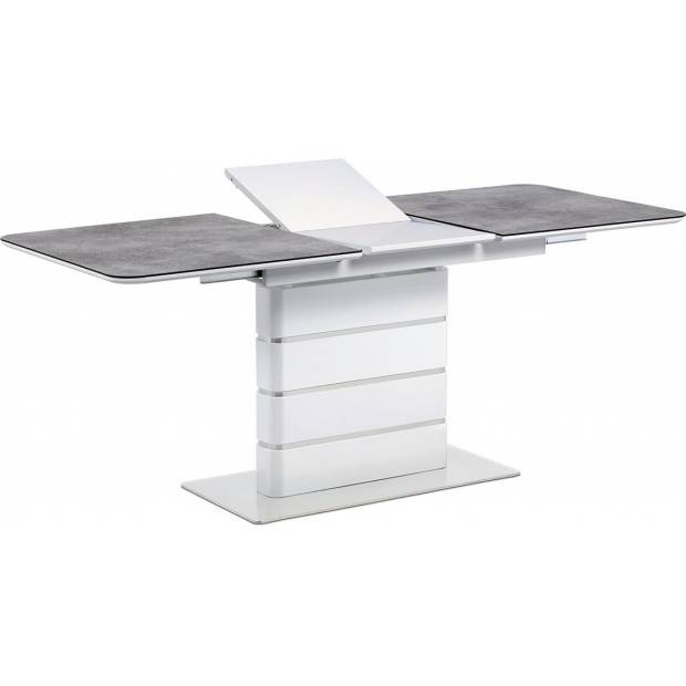 Jídelní stůl 140+40x80, šedé sklo, bílý vysoký lesk MDF, broušený nerez HT-455 GREY Art