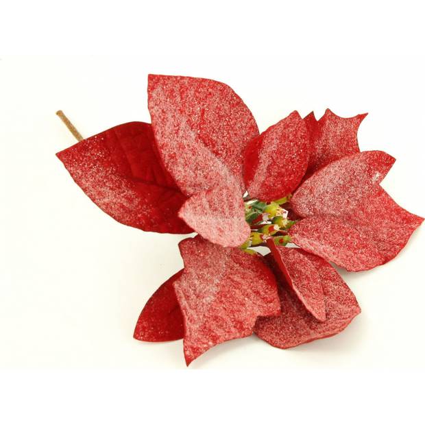 Květina umělá vazbová. Vánoční růže, poinsécie , barva červená zasněžená VK-1223 Art