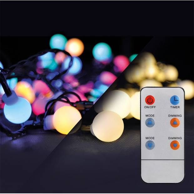 LED 2v1 venkovní vánoční řetěz, koule, dálkový ovladač, 200LED, RGB+bílá, 20m+5m, 8 funkcí, IP44 1V09-RGB Solight