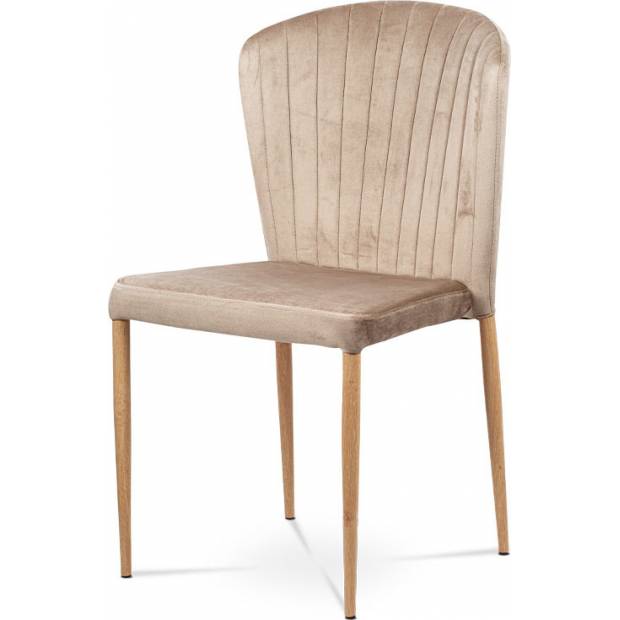 Jídelní židle, krémová sametová látka, kovová podnož, 3D dekor dub CT-614 CRM4 Art