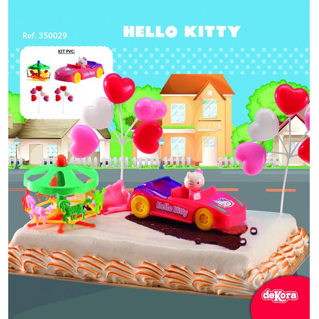 Figurka na dort Hello Kitty v autě, kolotoč a srdíčka - Dekora