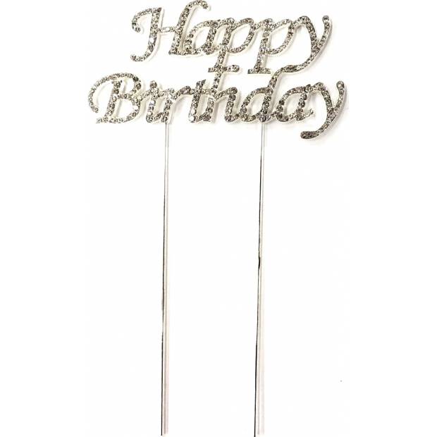 Zapichovací dekorace Happy Birthday stříbrná 4,5 cm RCTT161 dortis