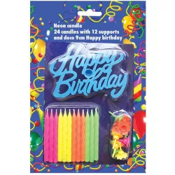 Svíčky na dort 24ks neonové s nápisem Happy Birthday - Alvarak