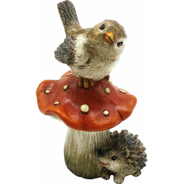 Houba s ptáčkem a ježkem, polyresinová dekorace ALA158 Art