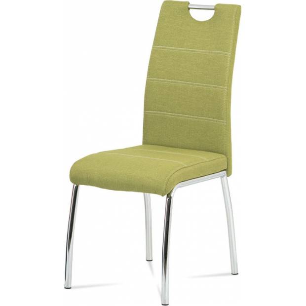 Jídelní židle, potah olivově zelená látka, bílé prošití, kovová čtyřnohá chromovaná podnož HC-485 GRN2 Art