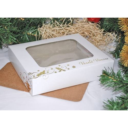 Vánoční krabice na cukroví bílá se zlatým potiskem 18 x 15 x 3,7 cm - dortis