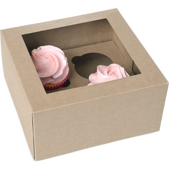 Papírová krabička 12ks Kraft papír s OKNEM, 4 cupcakes