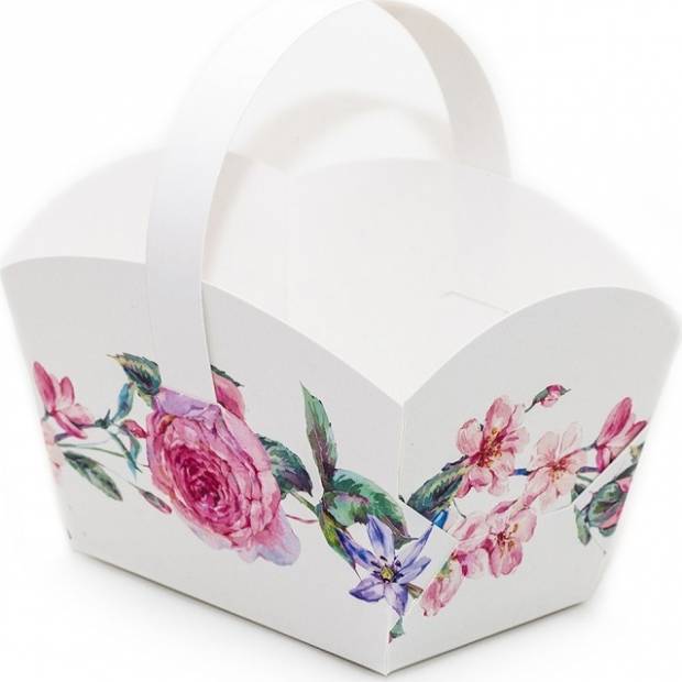 Svatební košíček na cukroví bílý s květinami (10 x 6,7 x 8 cm) KOS2089-01 dortis