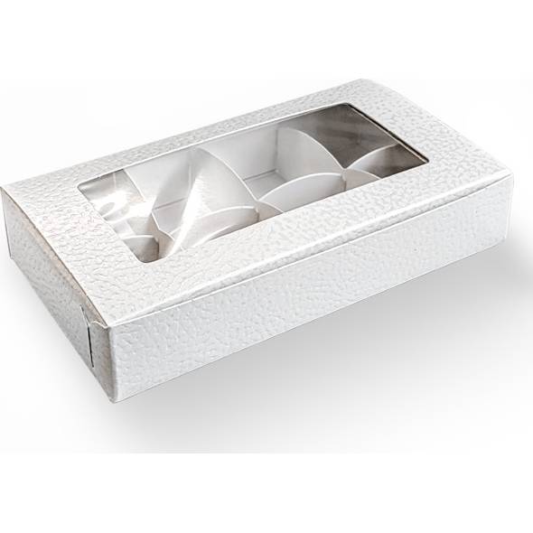 Krabička na pralinky bílá (vzor kůže) 16 x 8 cm (na 8 kusů) SC15219 dortis