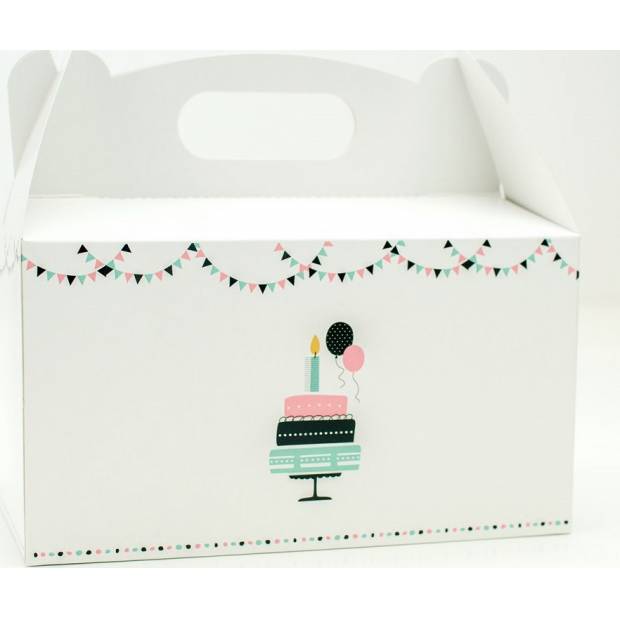 Krabička na zákusky bílá s třípatrovým dortem a praporky (20 x 13 x 11 cm) K56-5006-01 dortis