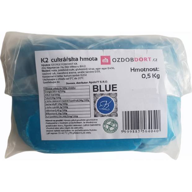 Potahovací hmota K2 na dorty 0,5kg modrá - K2