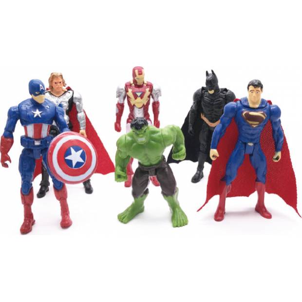 Figurky na dort Avengers, 6 ks, Iron man, Superman, Kapitán America, Hulk, Batman a Thor