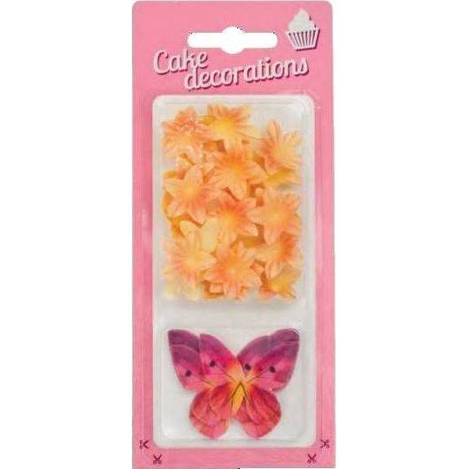 Dekorace z jedlého papíru Motýlci červení a květiny mini žluté (30 ks)