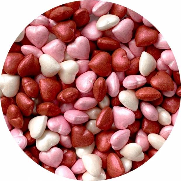 Cukrová srdíčka perleťová bílá, růžová a červená (50 g)