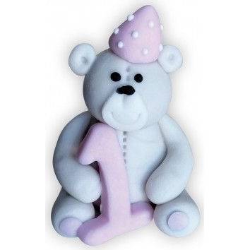 Cukrová figurka medvídek s číslem 1 růžový 6cm - Dekor Pol