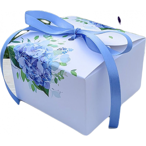 Svatební krabička na výslužku bílá s modrými hortenziemi s mašlí (11 x 11 x 7 cm) 8ks - Goldpress