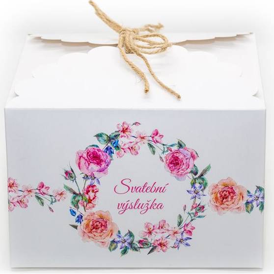 Svatební krabička na výslužku bílá s květinami (16,5 x 16,5 x 11 cm) 8ks - Goldpress