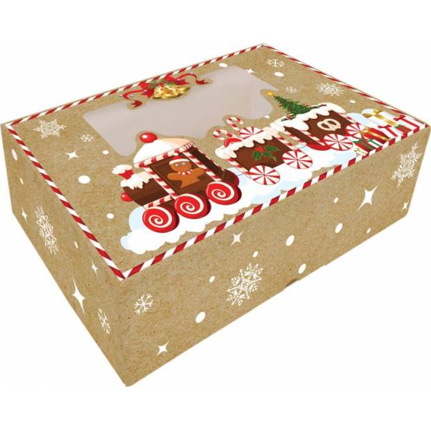 Krabička na cukroví skládací s okénkem 25x15x7cm 1ks vánoční vláček - Alvarak