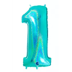 Nafukovací balónek číslo 1 tyrkys holografický 102 cm - Grabo