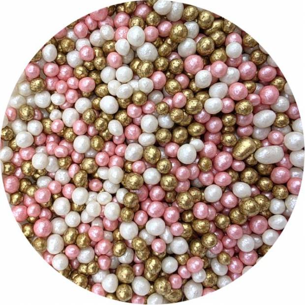 Cukrovo-rýžové perly růžovo-bílo-zlaté 5mm 80g - I LOVE CAKES