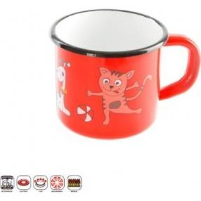 Hrnek smalt - 10cm, červený - dekor kočka - Orion