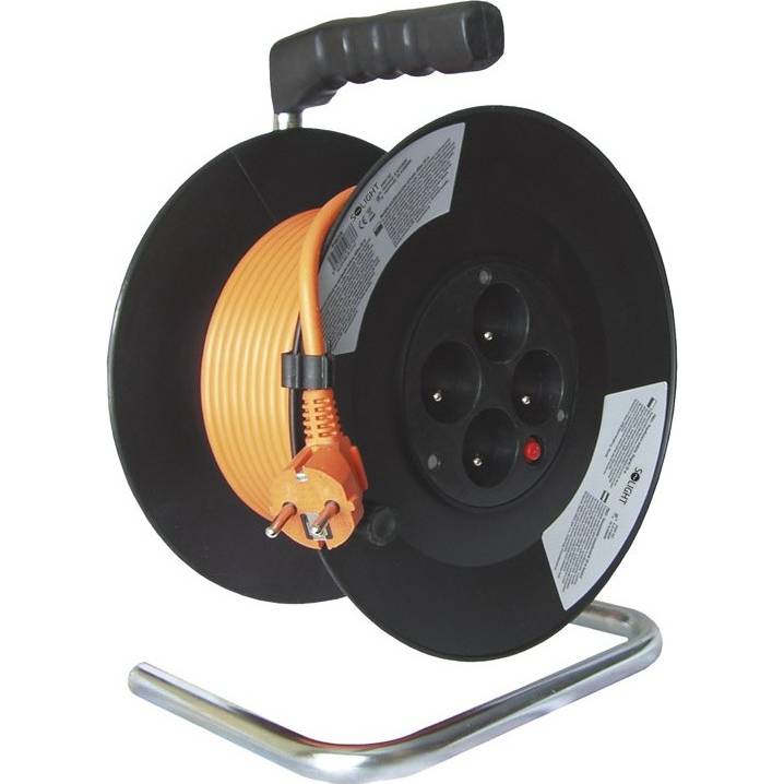 prodlužovací přívod na bubnu, 4 zásuvky, oranžový kabel, černý buben, 20m PB09 Solight
