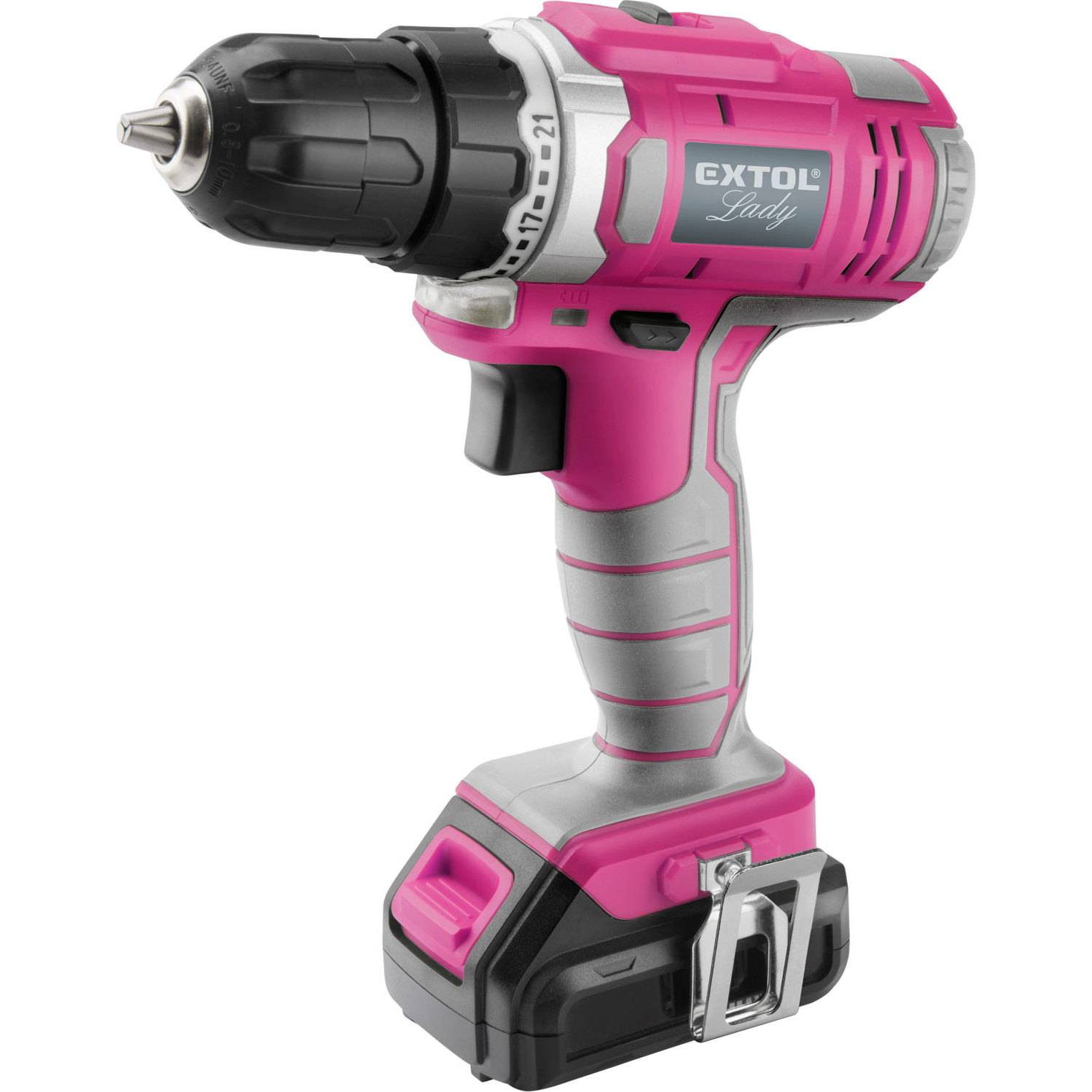 vrtací šroubovák aku, růžový, 12V Li-ion, 1300mAh, v tašce 402401 EXTOL LADY