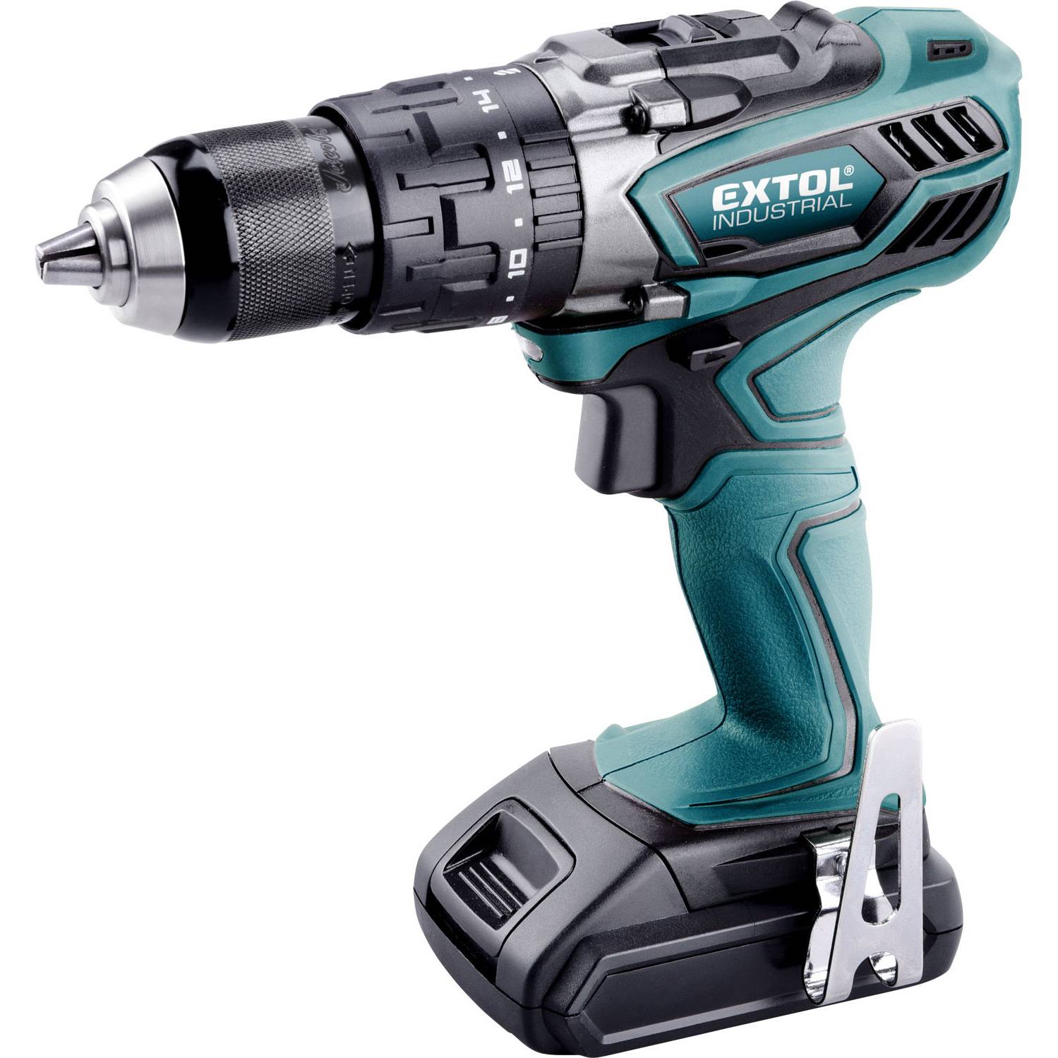 vrtací šroubovák aku s příklepem, 18V Li-ion, 4 pólový motor, 2000mAh 8791110 EXTOL INDUSTRIAL