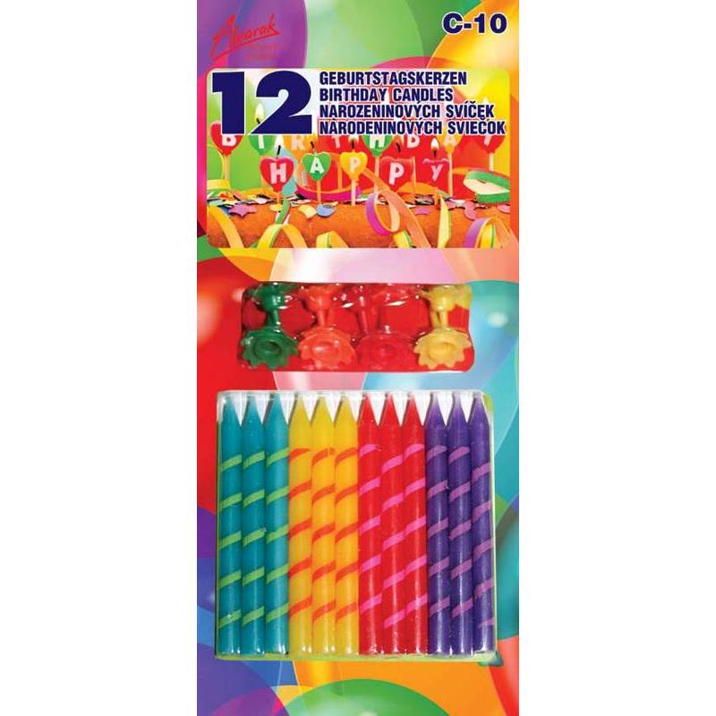 12ks narozeninových svíček se stojánky barevné - Alvarak