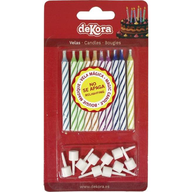 Fotografie Dortové svíčky barevné se zápichem 10ks NESFOUKNUTELNÉ znovu se zapálí - Dekora