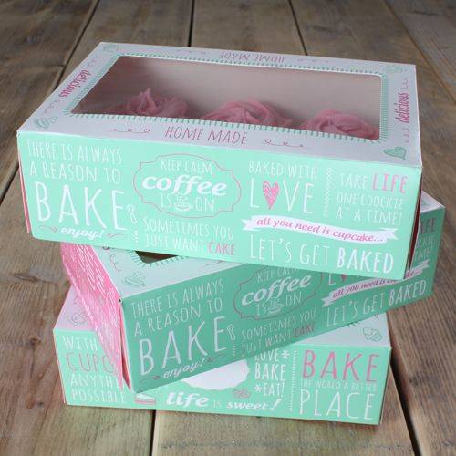 Fotografie Papírová krabička průhledná na 6 cupcakes 24x16cm zelená v sadě 3 krabičky - FunCakes