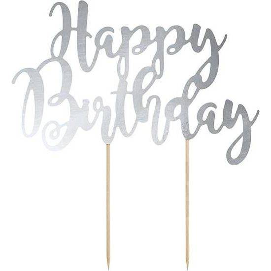Fotografie PartyDeco zapichovací dekorace na dort stříbrná Happy Birthday