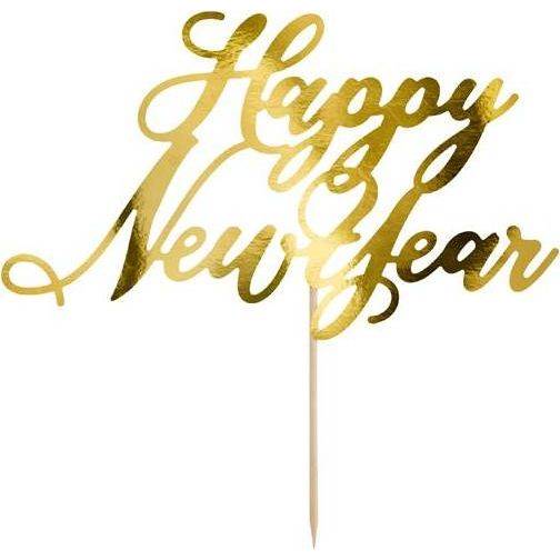 Fotografie PartyDeco zapichovací dekorace na dort zlatá Happy New Year