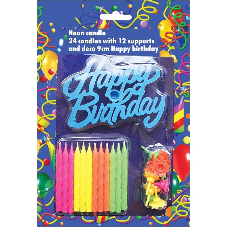 Svíčky na dort 24ks neonové s nápisem Happy Birthday - Alvarak