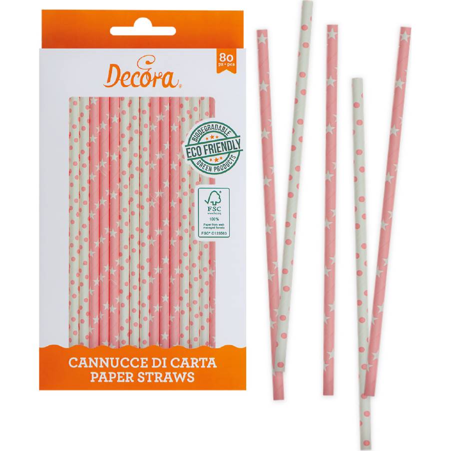 Fotografie Papírová brčka 80ks růžová - Decora