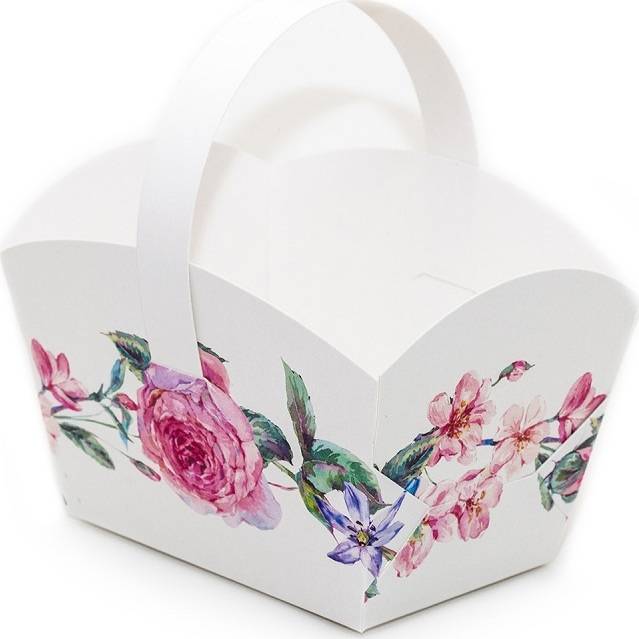 Svatební košíček na cukroví bílý s květinami (10 x 6,7 x 8 cm)
