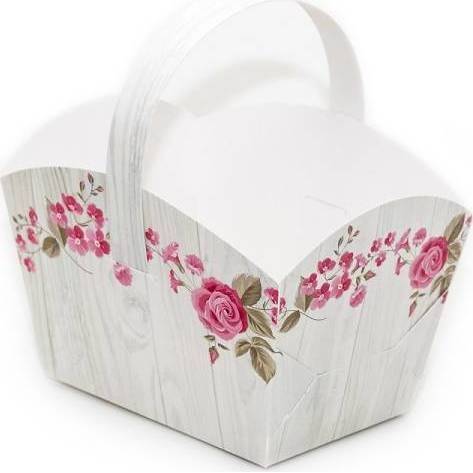 Svatební košíček na cukroví vzor dřevo s květinami (10 x 6,7 x 8 cm)