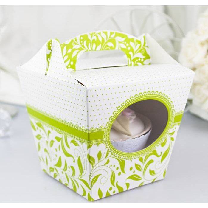 Svatební krabička na cupcake bílo-zelená (7,5 x 7,5 x 9,3 cm)