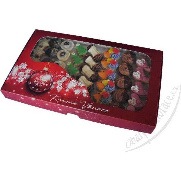 Krabice na cukroví červená s vánoční ozdobou (36,5 x 22 x 3,5 cm)