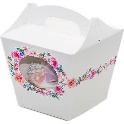Svatební krabička na cupcake bílá s květinami (7,5 x 7,5 x 9,3 cm)