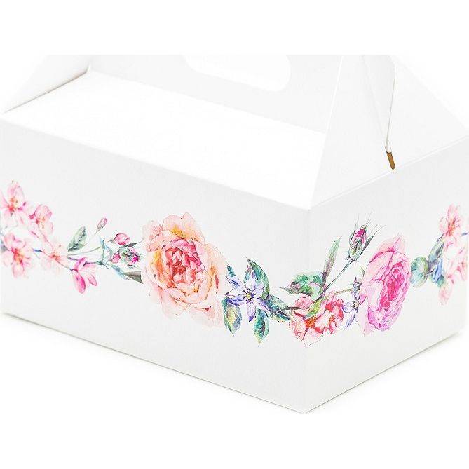 Svatební krabička na výslužku bílá s květinami (13 x 9 x 7 cm)
