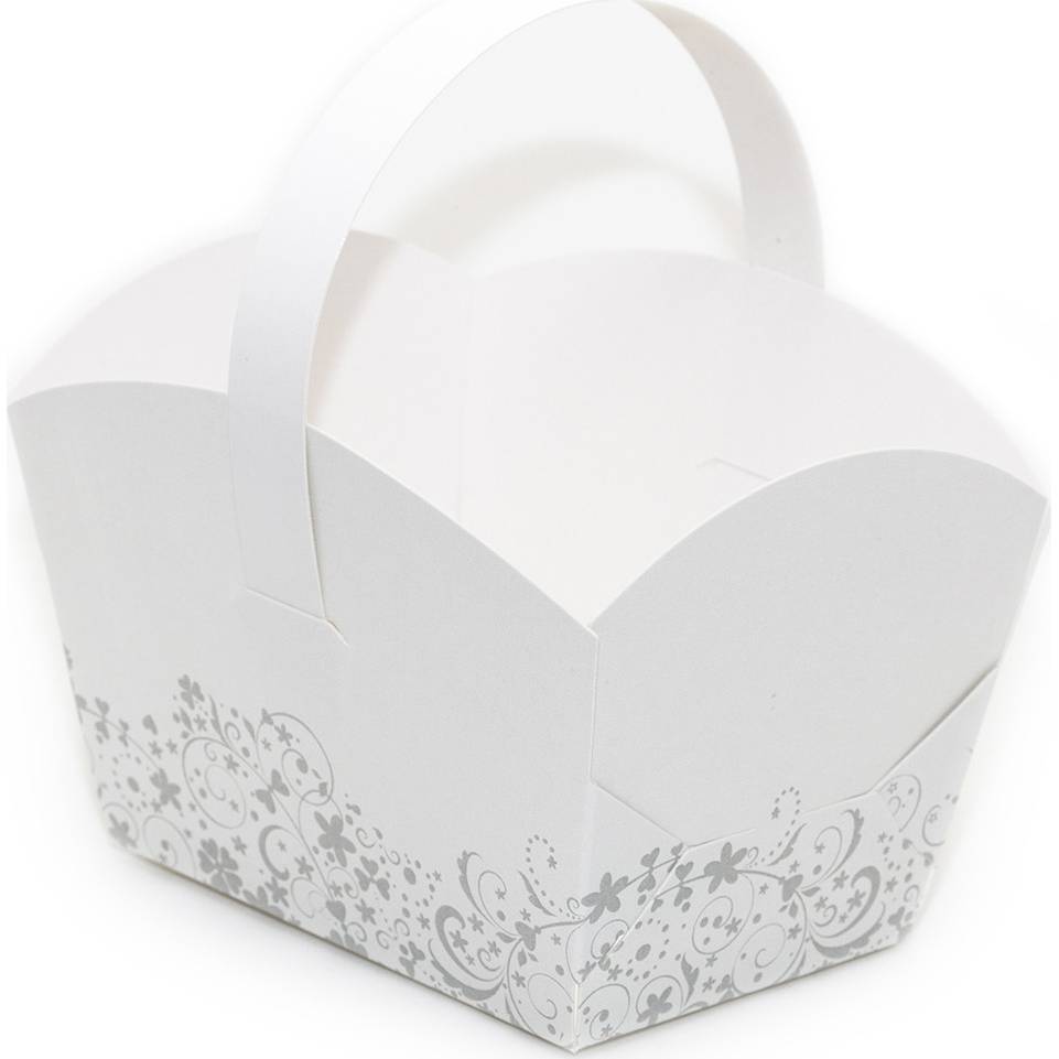 Svatební košíček na cukroví bílý s šedým zdobením (10 x 6,7 x 8 cm)