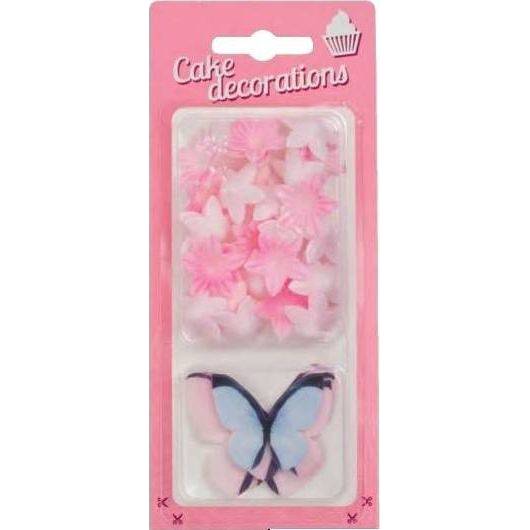 Dekorace z jedlého papíru Motýlci růžoví a modří a květiny mini růžové (30 ks)