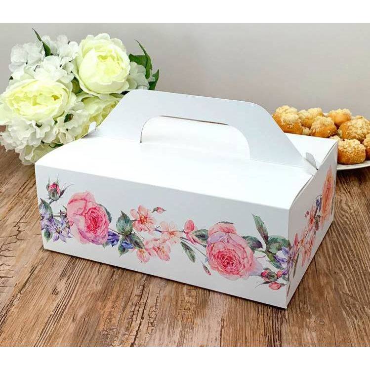 Svatební krabička na výslužku bílá s květinami (26 x 18 x 9,5 cm)